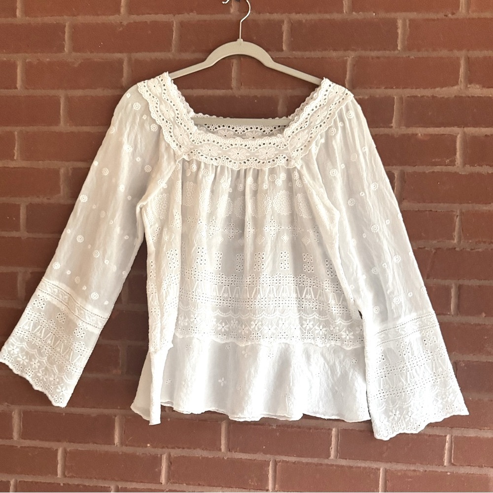 SUNDANCE: Crochet Lace Bell Sleeve Top See description for measurements